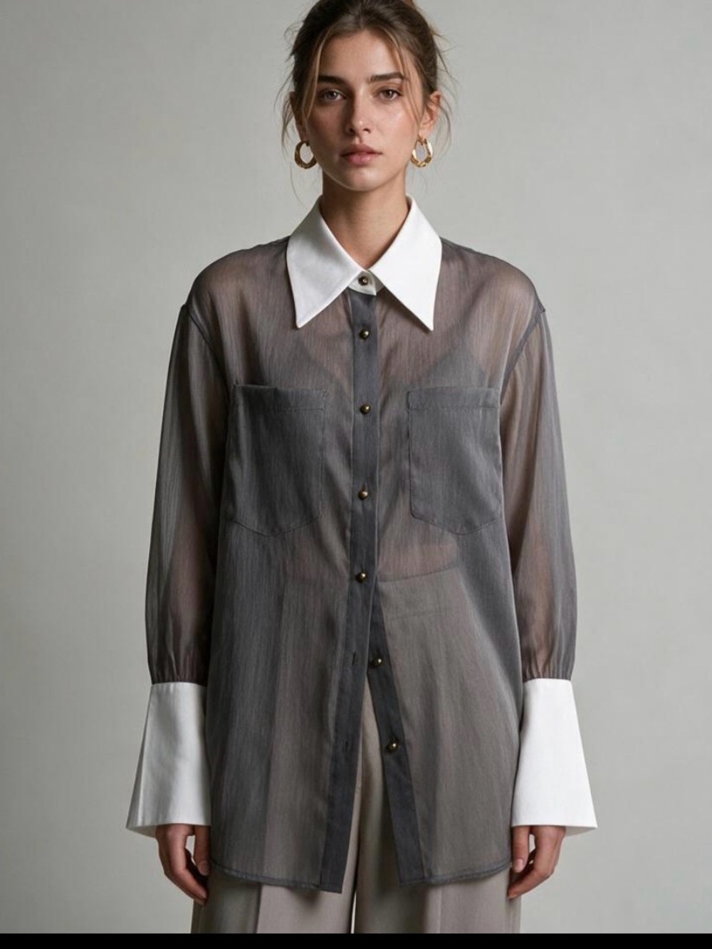 Commense Sheer Gray Longline Shirt with White Collar & Cuffs size large